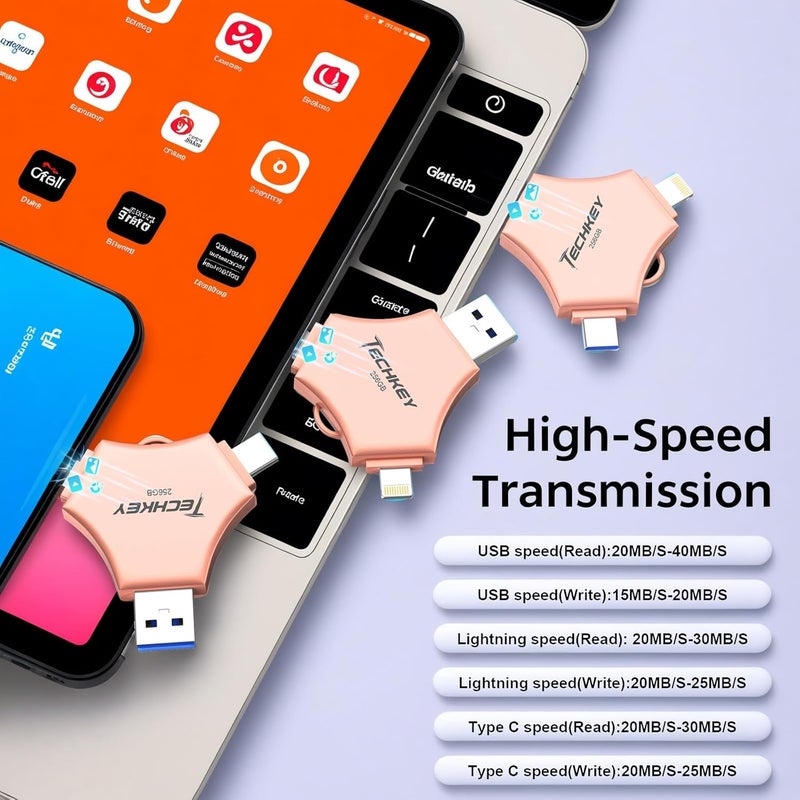TECHKEY USB 3.0 Flash Drive for iPhone 256GB: MFi Certified 3in1 External Memory Photo Keeper Storage Stick for Picture/Video/Data Saver/Backup High Speed Thumb/Jump/Hard Drive for iPad/Android/PC -Pink - Image 3
